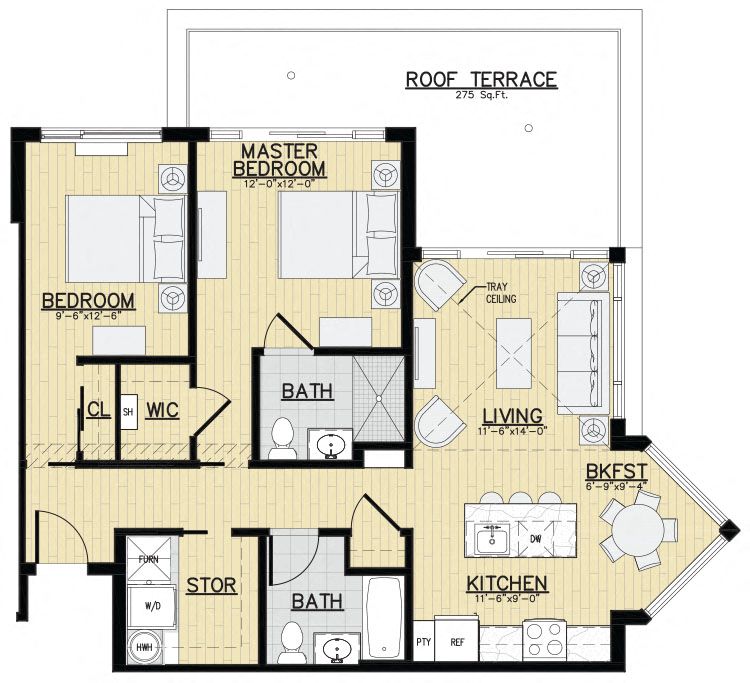 Floor plan for 2 beds, 2 baths, 1006 sqft